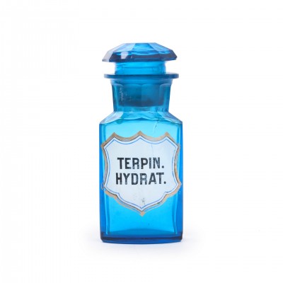 Fiolka farmaceutyczna na TERPINUM HYDRATUM, szkło błękitne, szlifowane